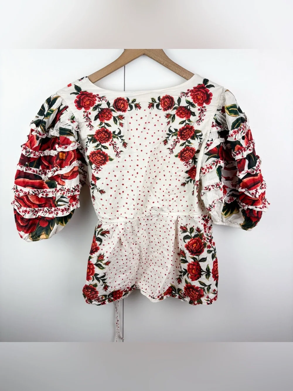 Farm Rio Wrap Blouse Red White Floral Ruffle Puff Sleeve Cotton Anthropologie